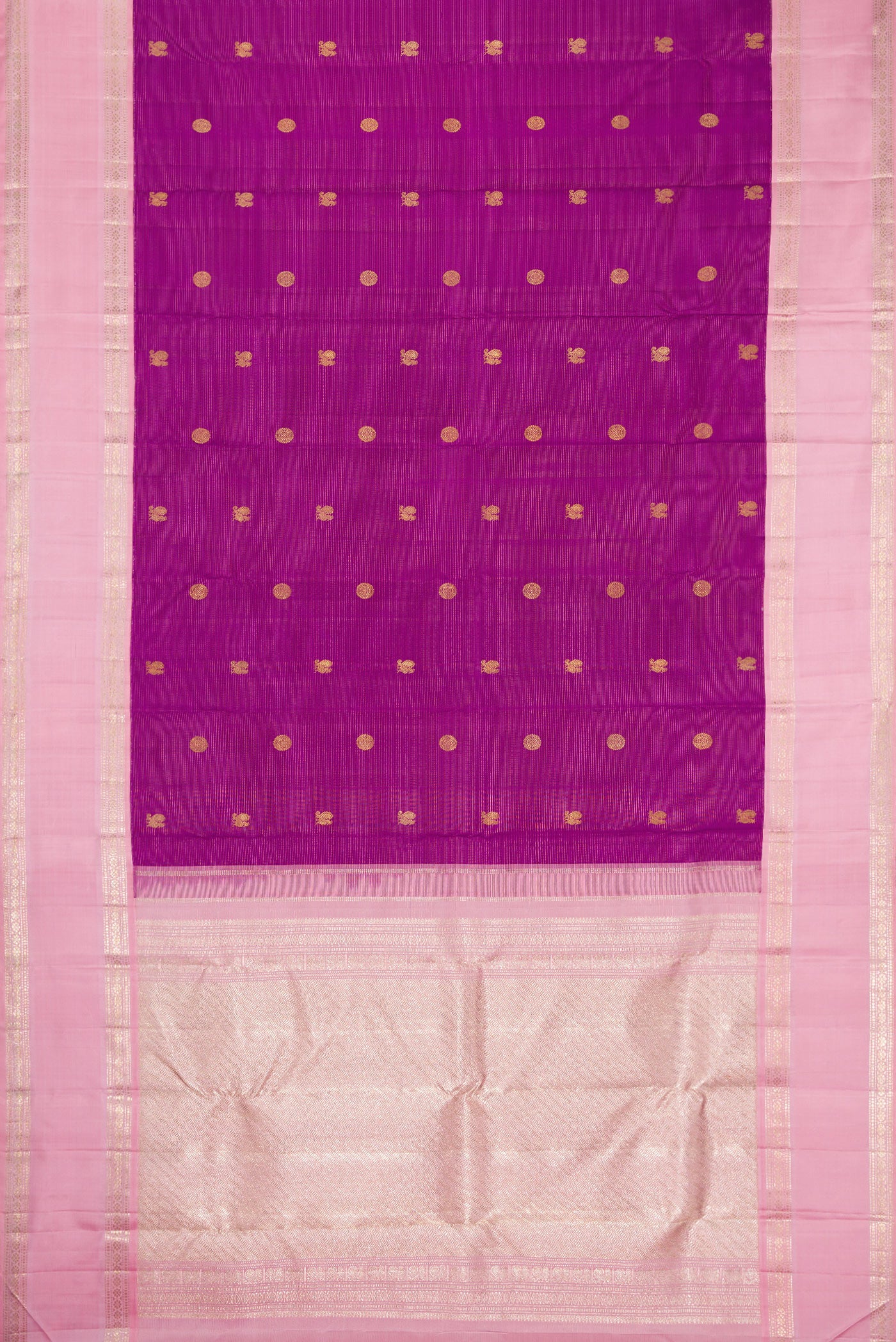 Flat view of Purple Dual Tone Kanchipuram Silk Saree with Zari Butta on the body and Zari Border. 