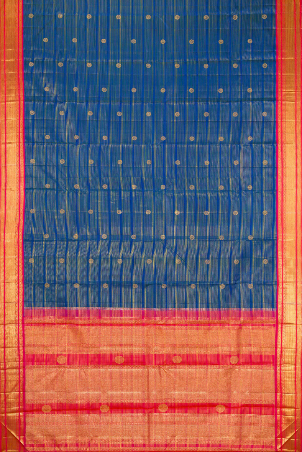 Flat view of Peacock Blue Kanchipuram Silk Saree with Zari Butta on the body and Zari Border. 