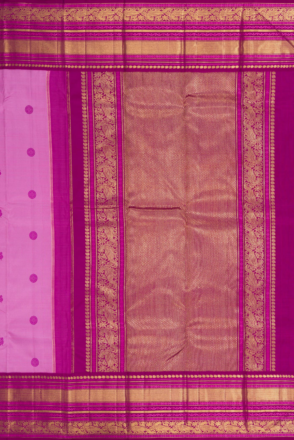 Close up image of the pallu of Pure Silk Pure Zari Lavender Kanchipuram Saree with Thread Butta on the body and Zari Border. 