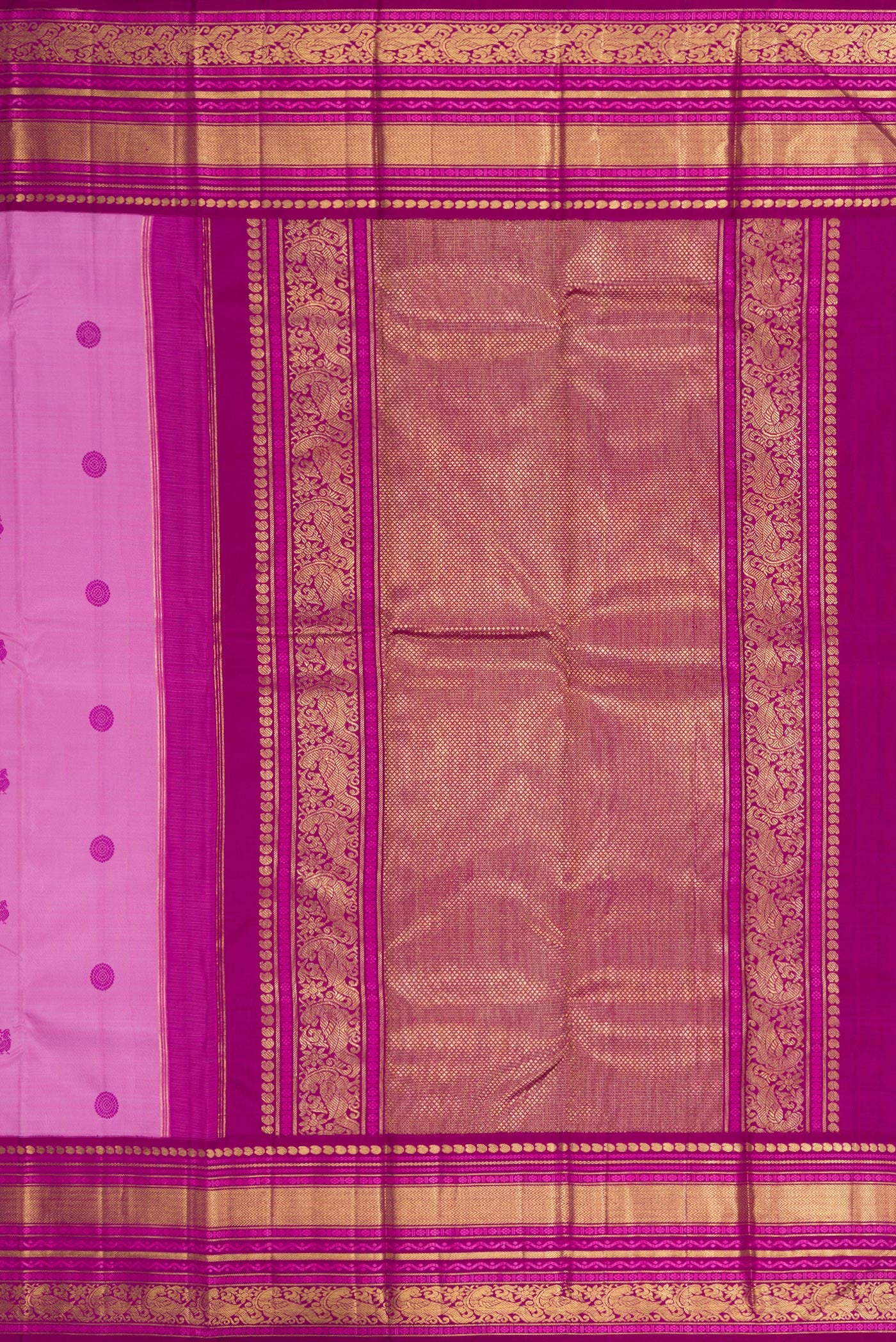 Close up image of the pallu of Pure Silk Pure Zari Lavender Kanchipuram Saree with Thread Butta on the body and Zari Border. 