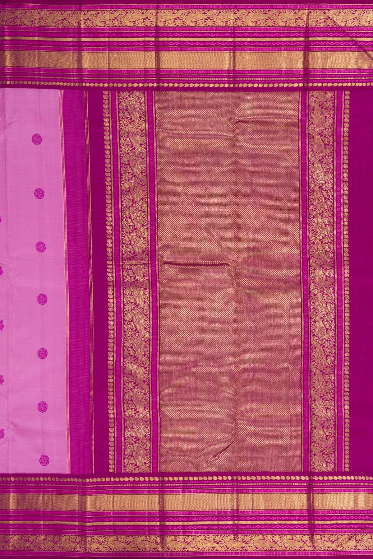 Close up image of the pallu of Pure Silk Pure Zari Lavender Kanchipuram Saree with Thread Butta on the body and Zari Border. 
