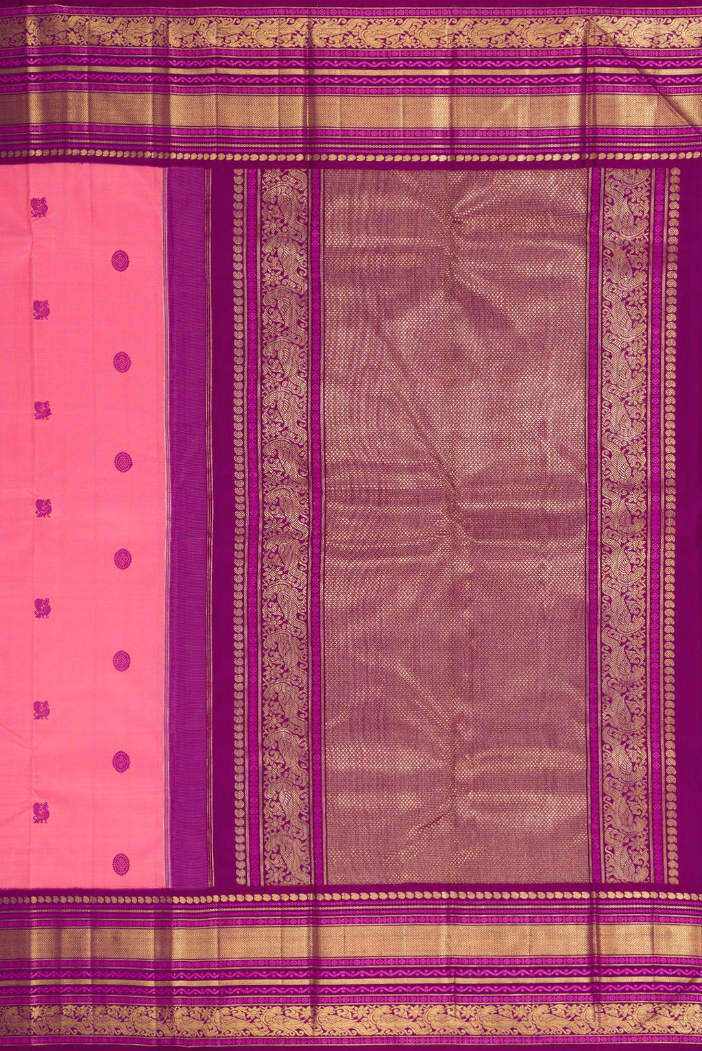 Close up image of the pallu of Pure Silk Pure Zari Pink Kanchipuram Saree with Thread Butta on the body and Zari Border. 