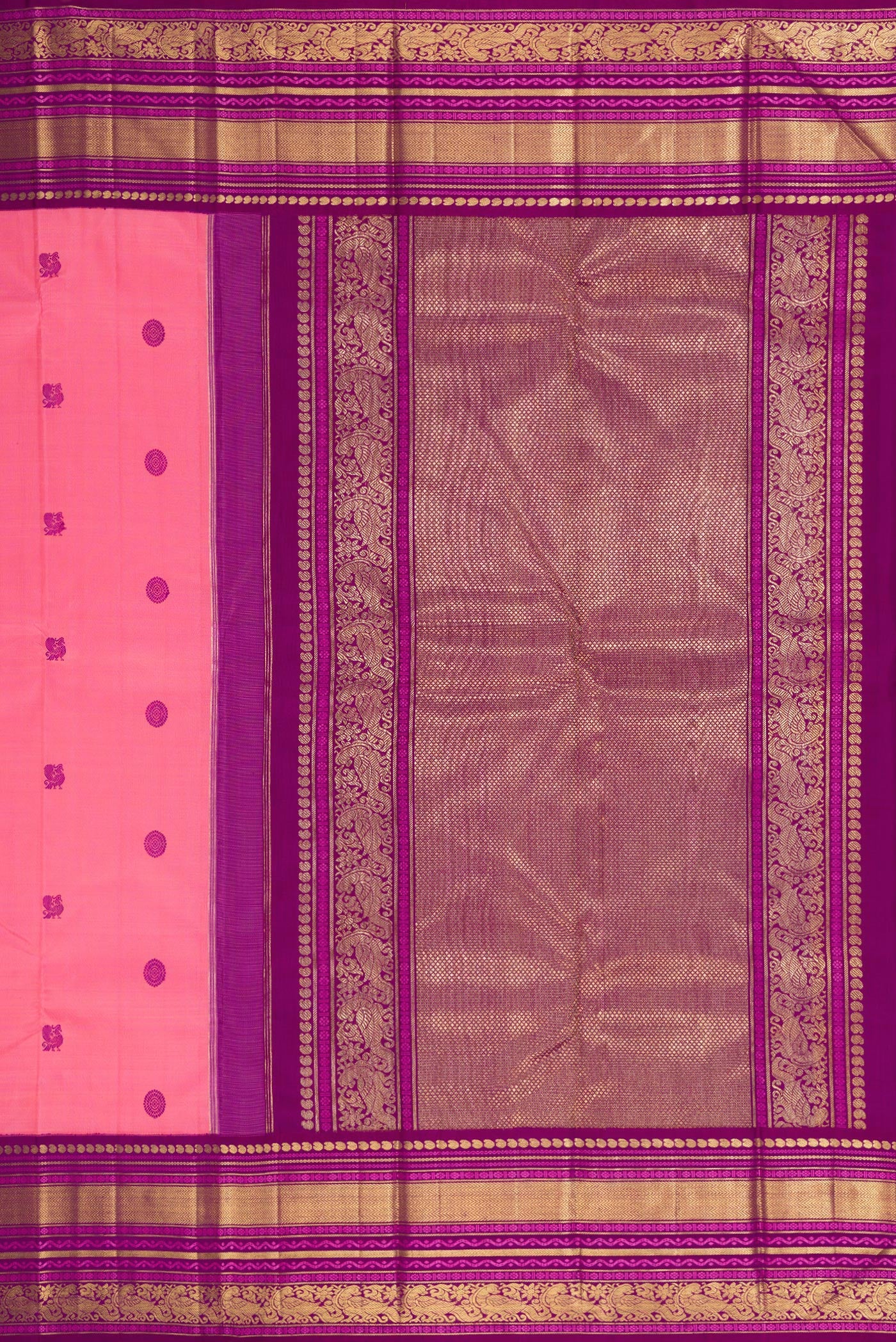 Close up image of the pallu of Pure Silk Pure Zari Pink Kanchipuram Saree with Thread Butta on the body and Zari Border. 