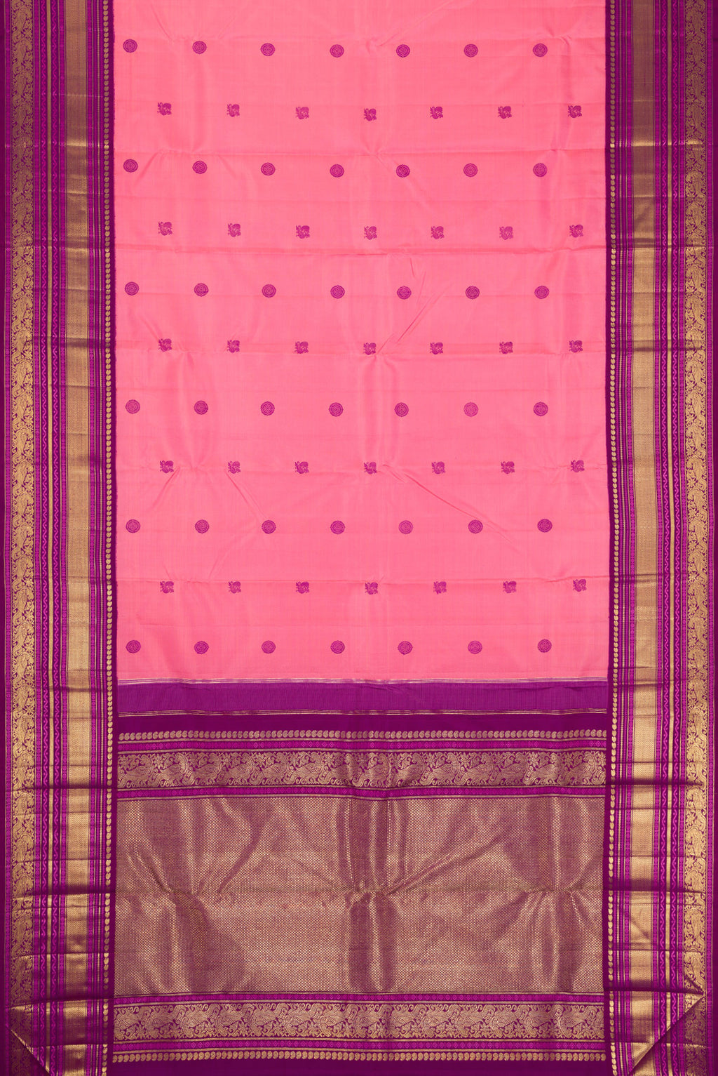 Flat view of Pure Silk Pure Zari Pink Kanchipuram Saree with Thread Butta on the body and Zari Border. 