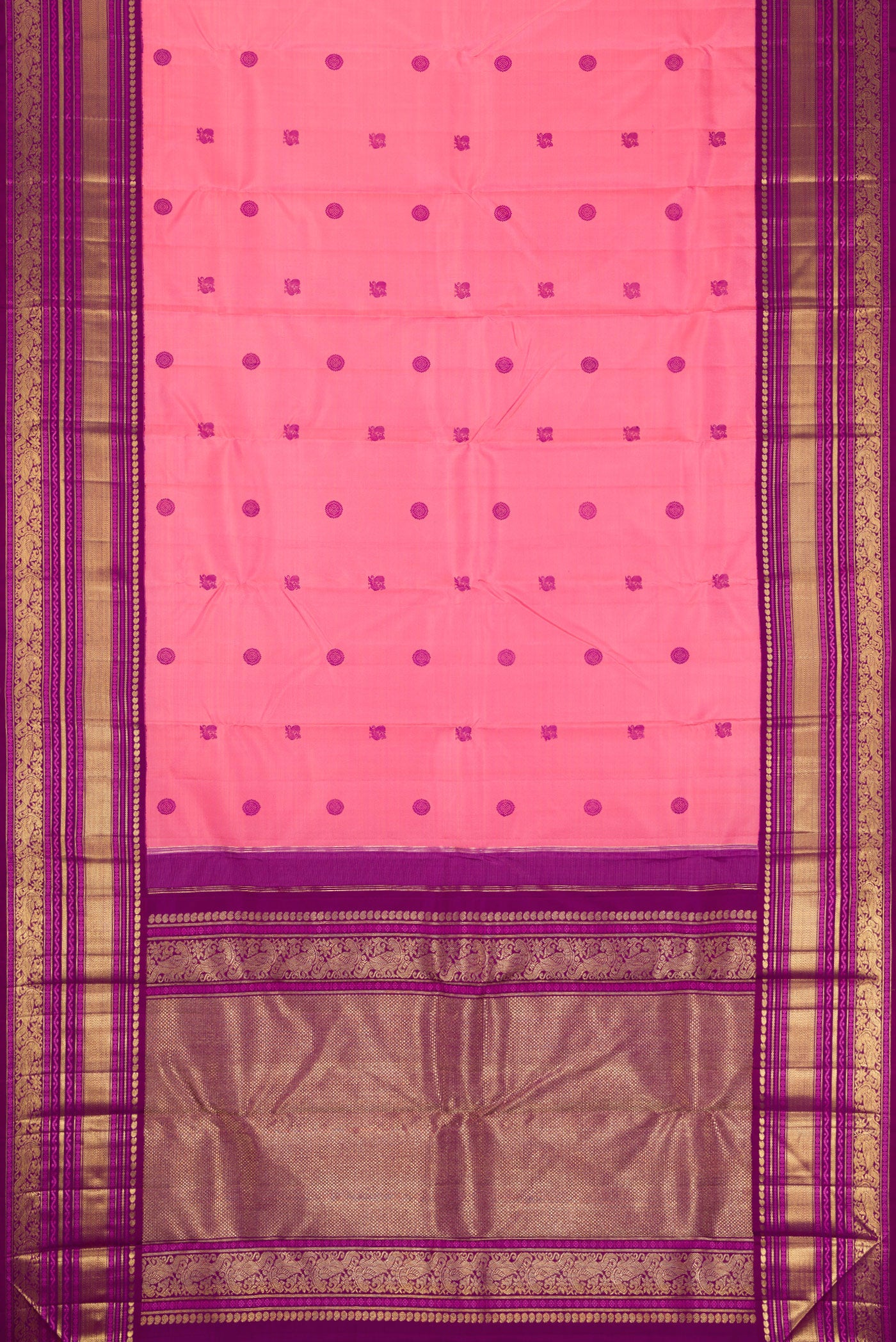 Flat view of Pure Silk Pure Zari Pink Kanchipuram Saree with Thread Butta on the body and Zari Border. 