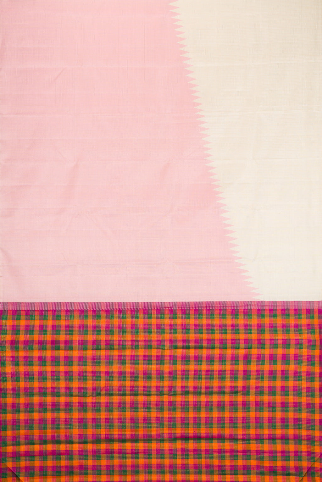 Flat view of Off White Kanchipuram Silk Saree with Checked design on the body and Rising Temple Border. 