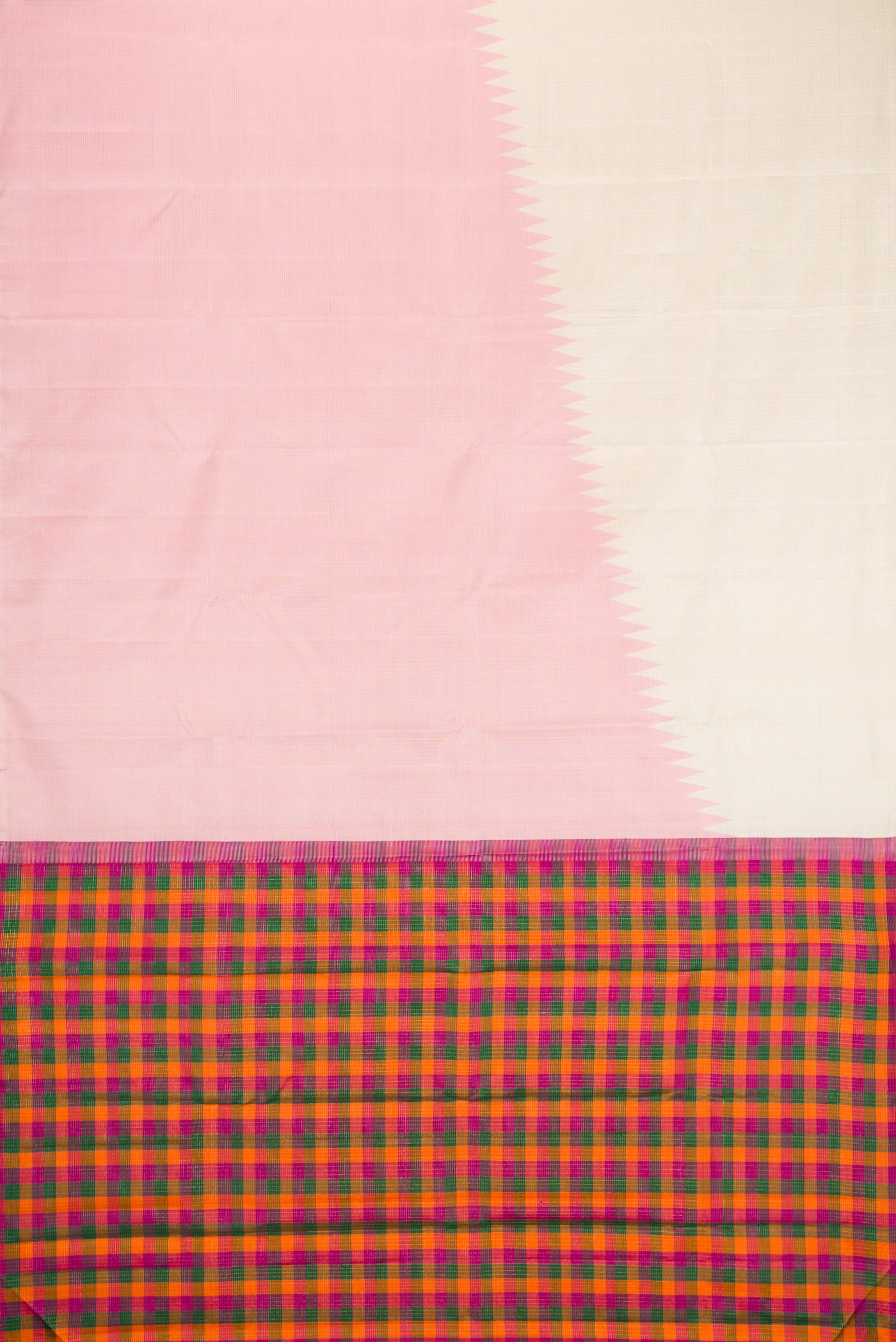 Flat view of Off White Kanchipuram Silk Saree with Checked design on the body and Rising Temple Border. 
