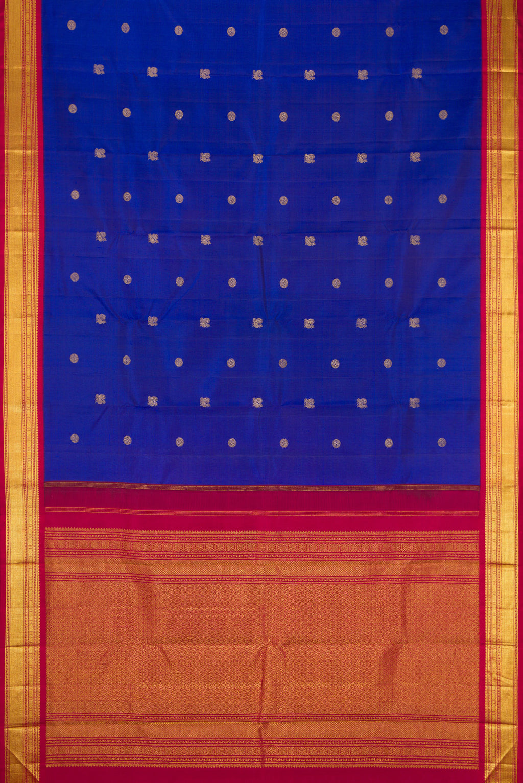 Flat view of Royal Blue Dual Tone Kanjivaram Silk Saree with Zari Butta on the body and Zari Border. 