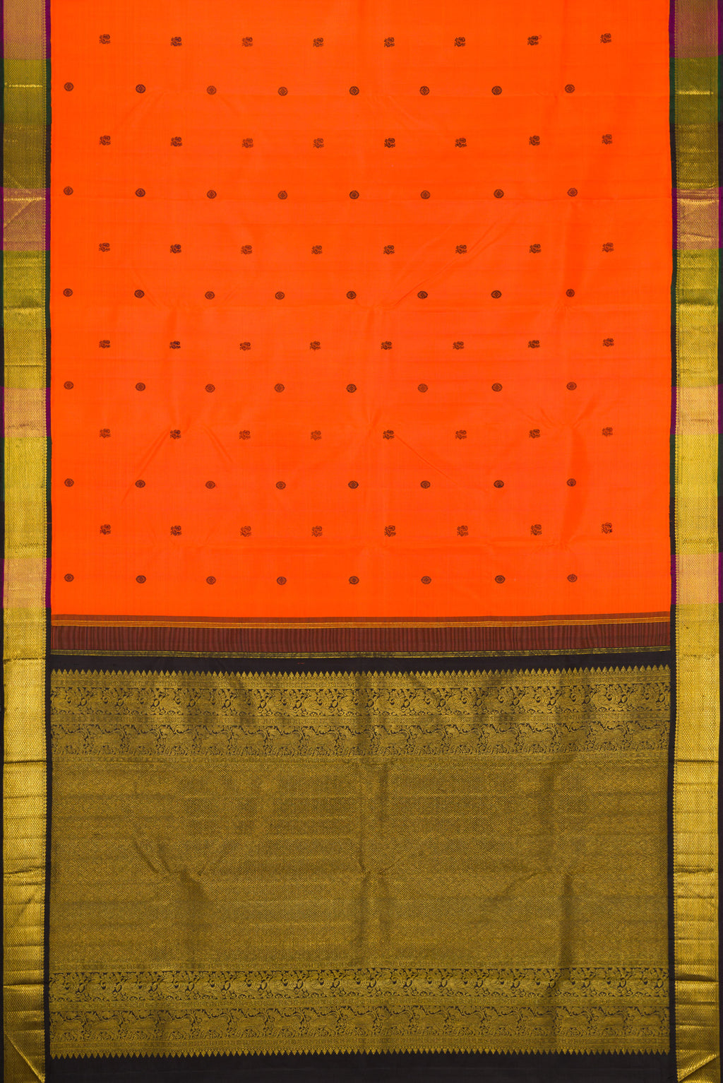 Flat view of Orange Kanjivaram Silk Saree with Thread Butta on the body and Zari Border. 