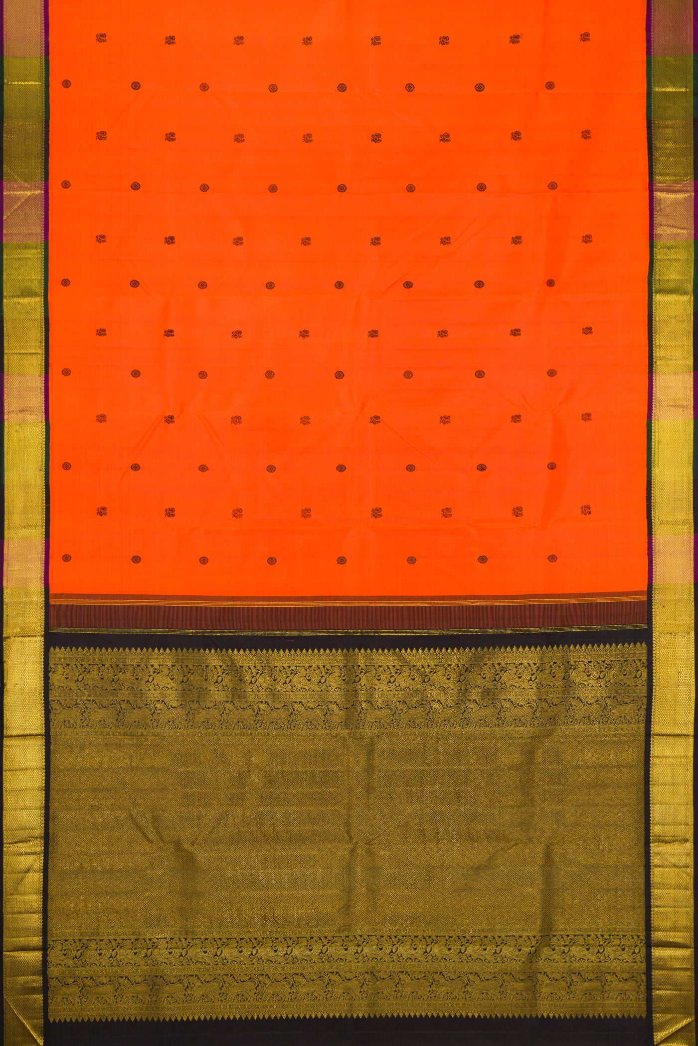 Flat view of Orange Kanjivaram Silk Saree with Thread Butta on the body and Zari Border. 