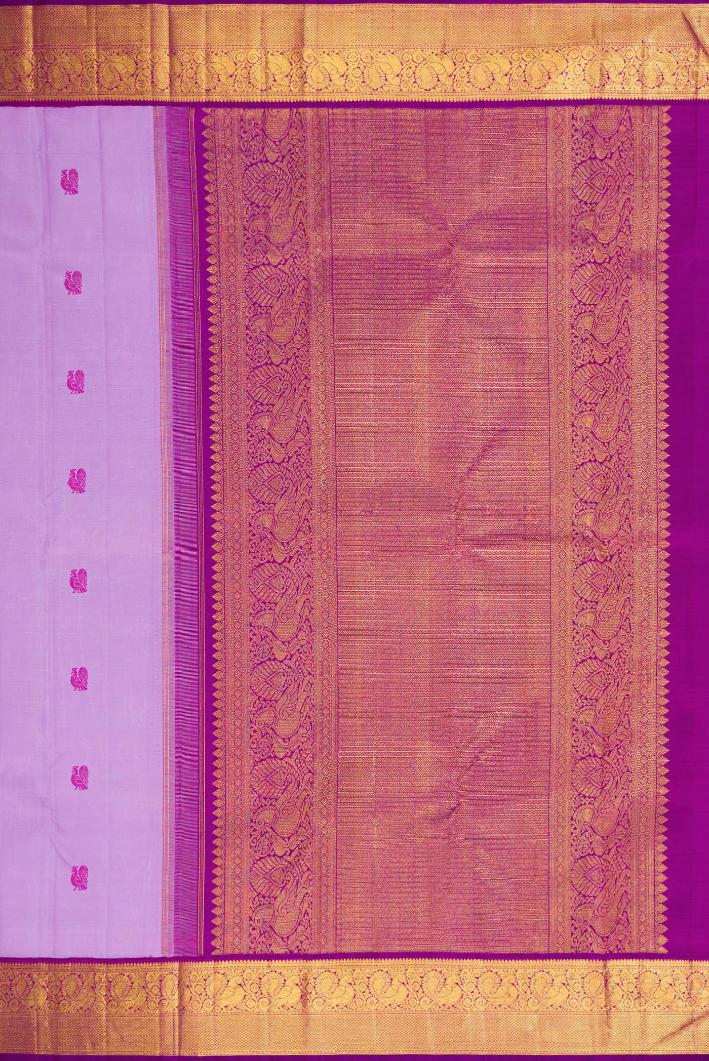 Close up image of the pallu of Lavender Dual Tone Kanjivaram Silk Saree with Thread Butta on the body and Zari Border. 