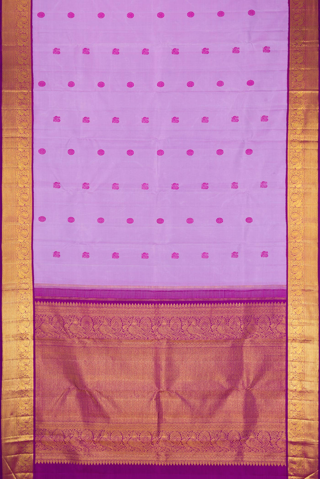 Flat view of Lavender Dual Tone Kanjivaram Silk Saree with Thread Butta on the body and Zari Border. 