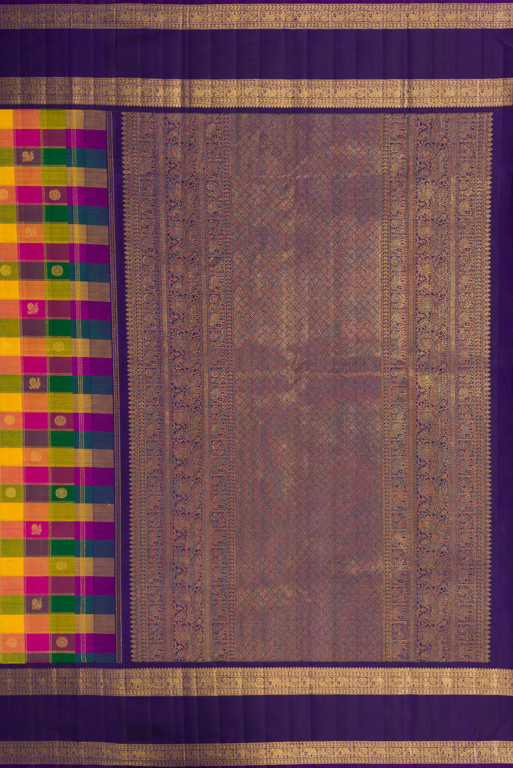 Close up image of the pallu of Multi Color Kanchipuram Silk Saree with Checked design on the body and Zari Border. 