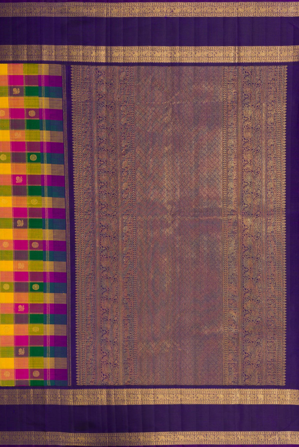 Close up image of the pallu of Multi Color Kanchipuram Silk Saree with Checked design on the body and Zari Border. 