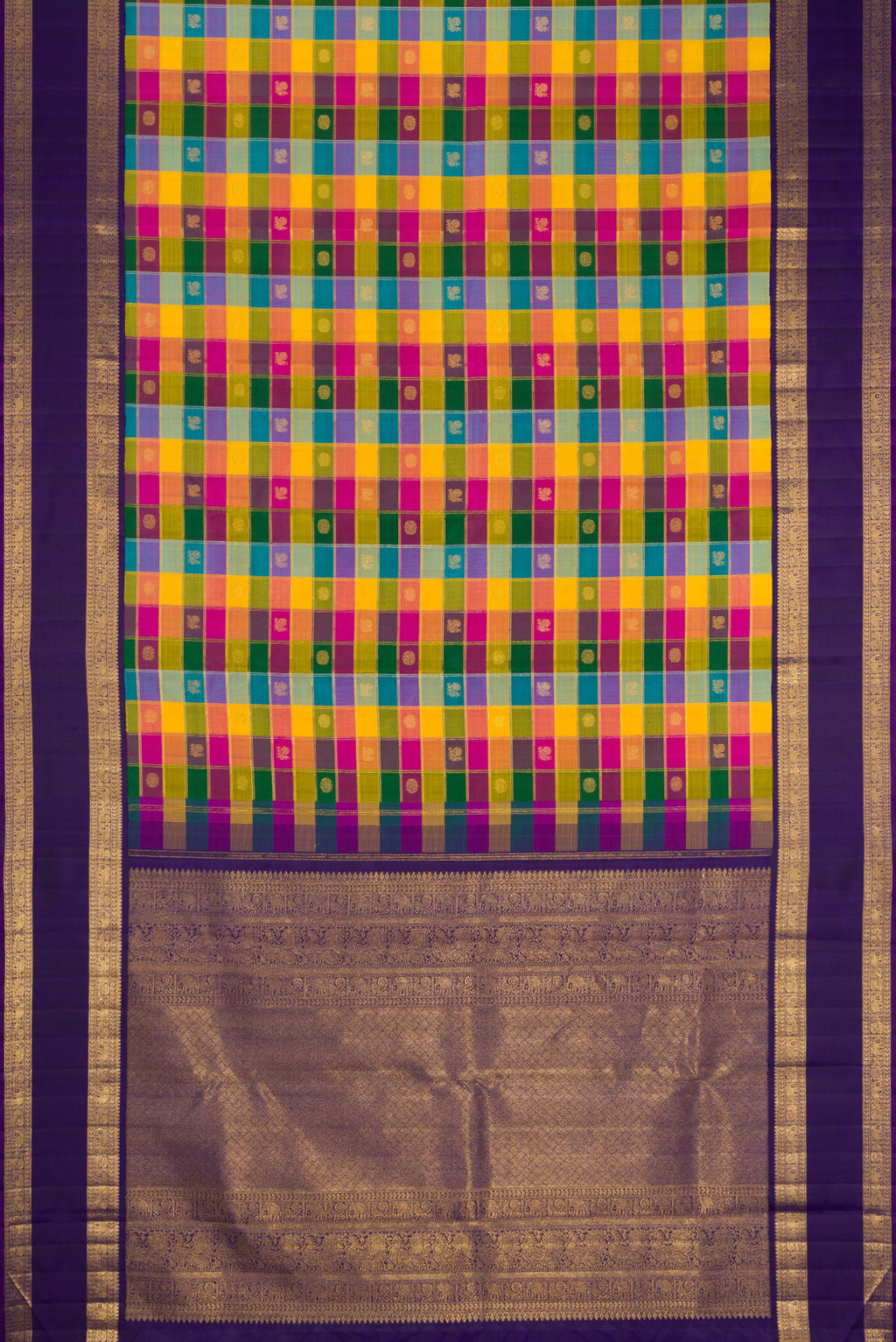 Flat view of Multi Color Kanchipuram Silk Saree with Checked design on the body and Zari Border. 