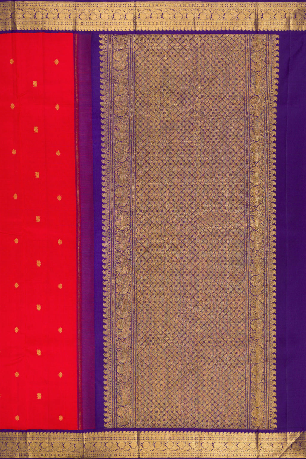 Close up image of the pallu of Red Kanjivaram Silk Saree with Zari Butta on the body and Zari Border. 