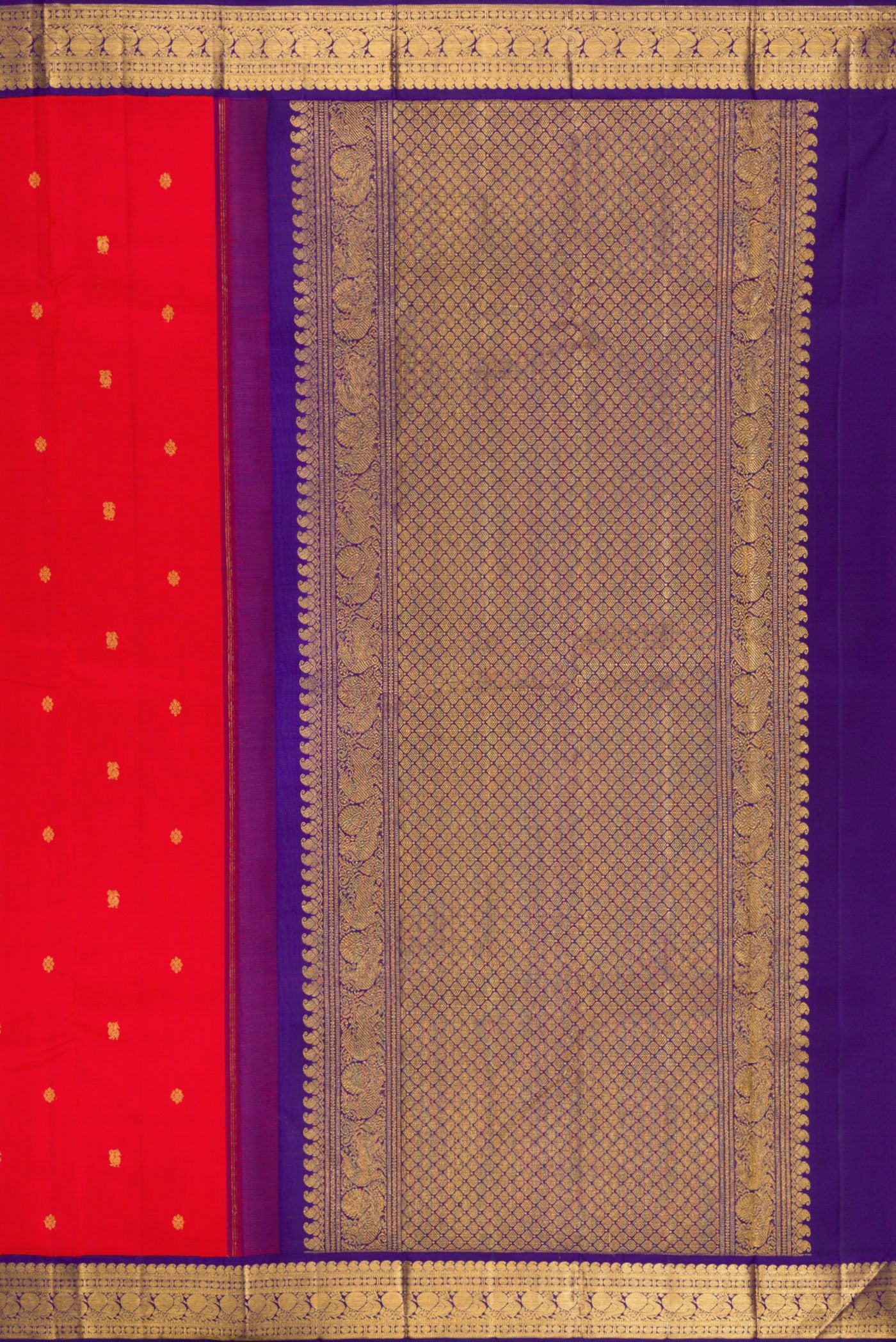 Close up image of the pallu of Red Kanjivaram Silk Saree with Zari Butta on the body and Zari Border. 