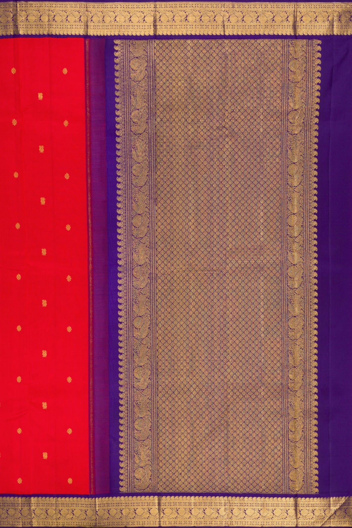 Close up image of the pallu of Red Kanjivaram Silk Saree with Zari Butta on the body and Zari Border. 