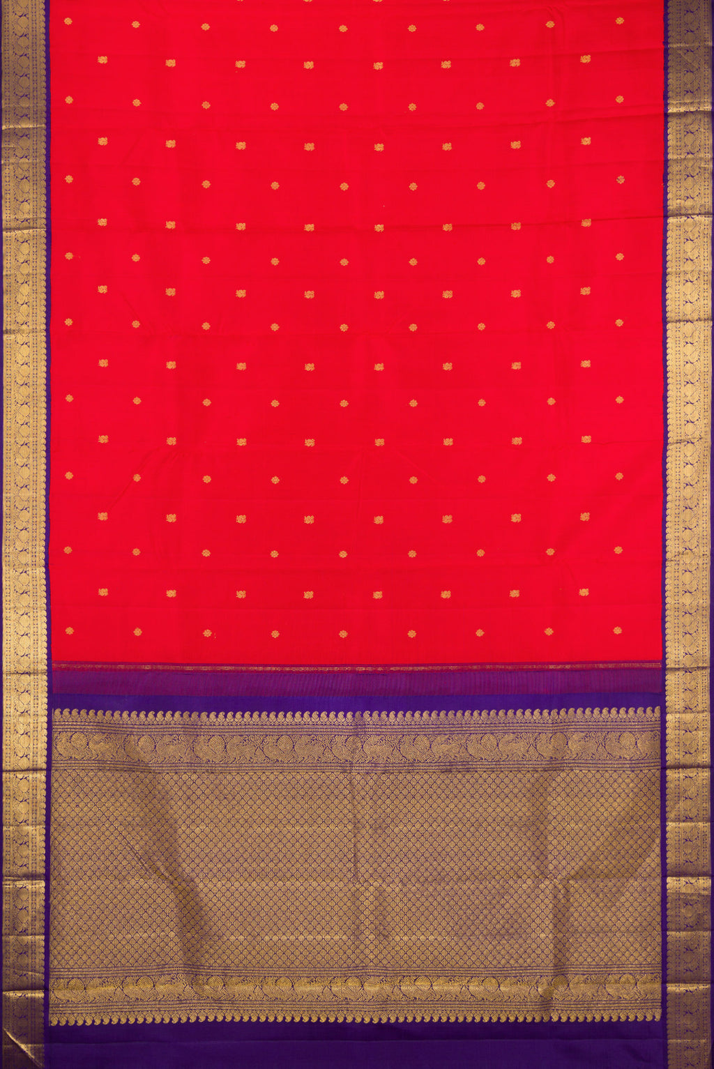Flat view of Red Kanjivaram Silk Saree with Zari Butta on the body and Zari Border. 