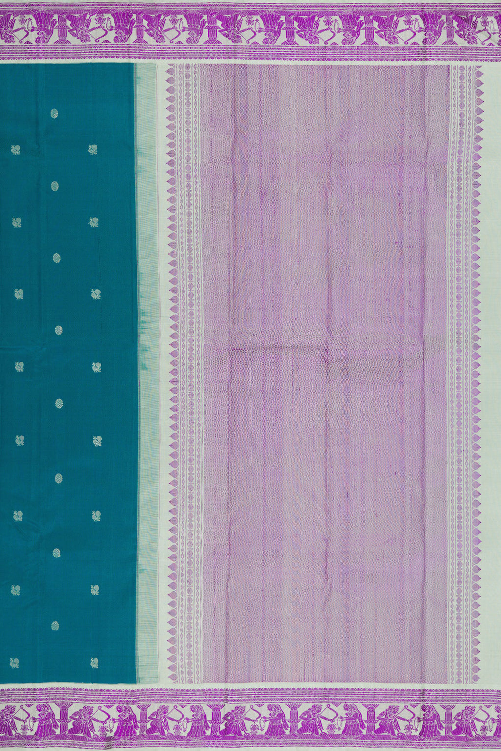 Close up image of the pallu of Blue Kanjivaram Silk Saree with Thread Butta on the body and Thread Border. 
