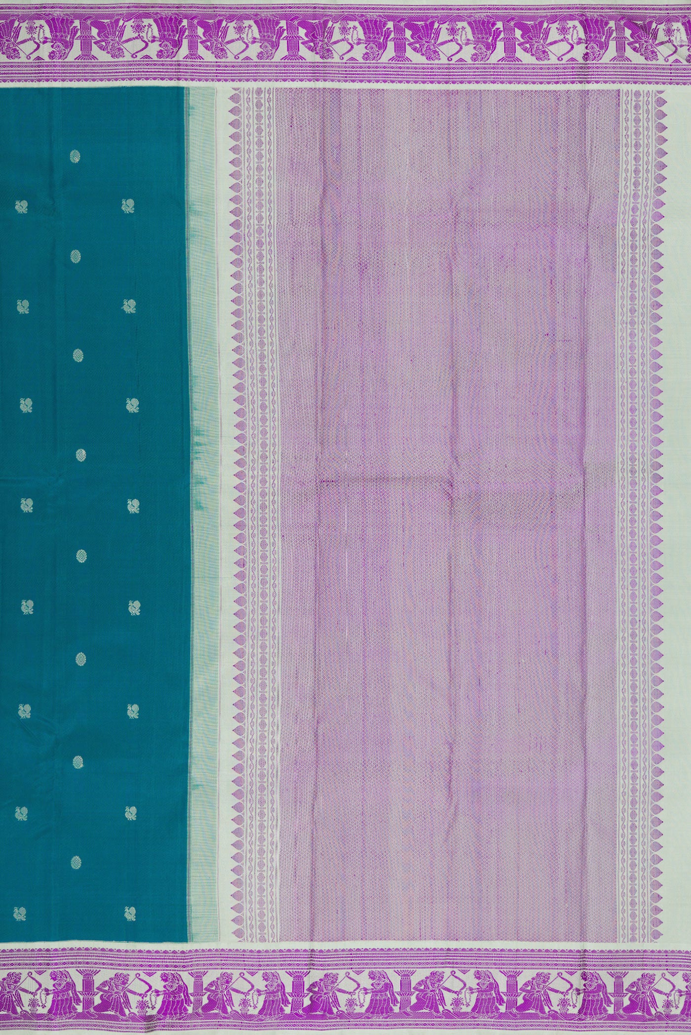 Close up image of the pallu of Blue Kanjivaram Silk Saree with Thread Butta on the body and Thread Border. 