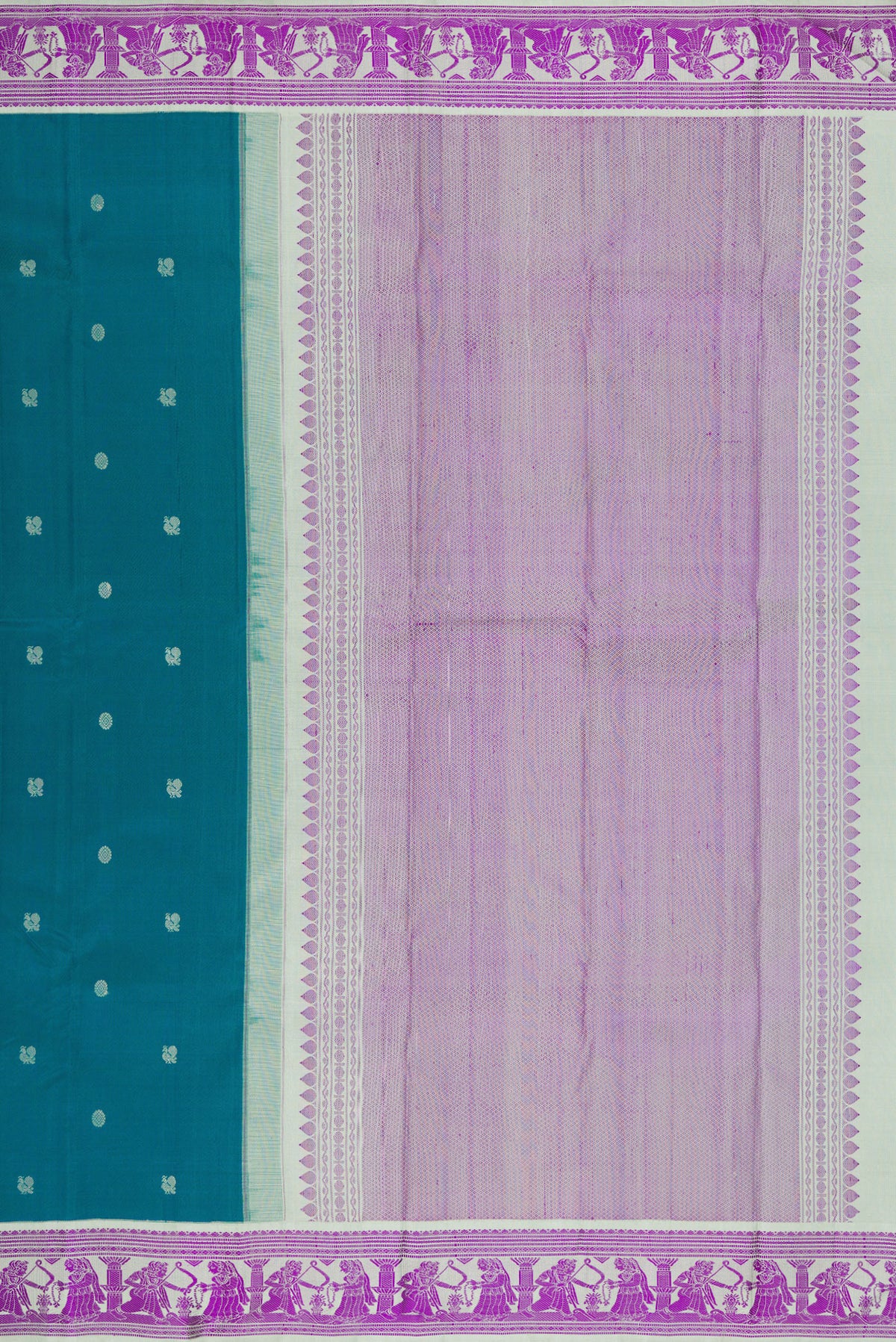 Close up image of the pallu of Blue Kanjivaram Silk Saree with Thread Butta on the body and Thread Border. 
