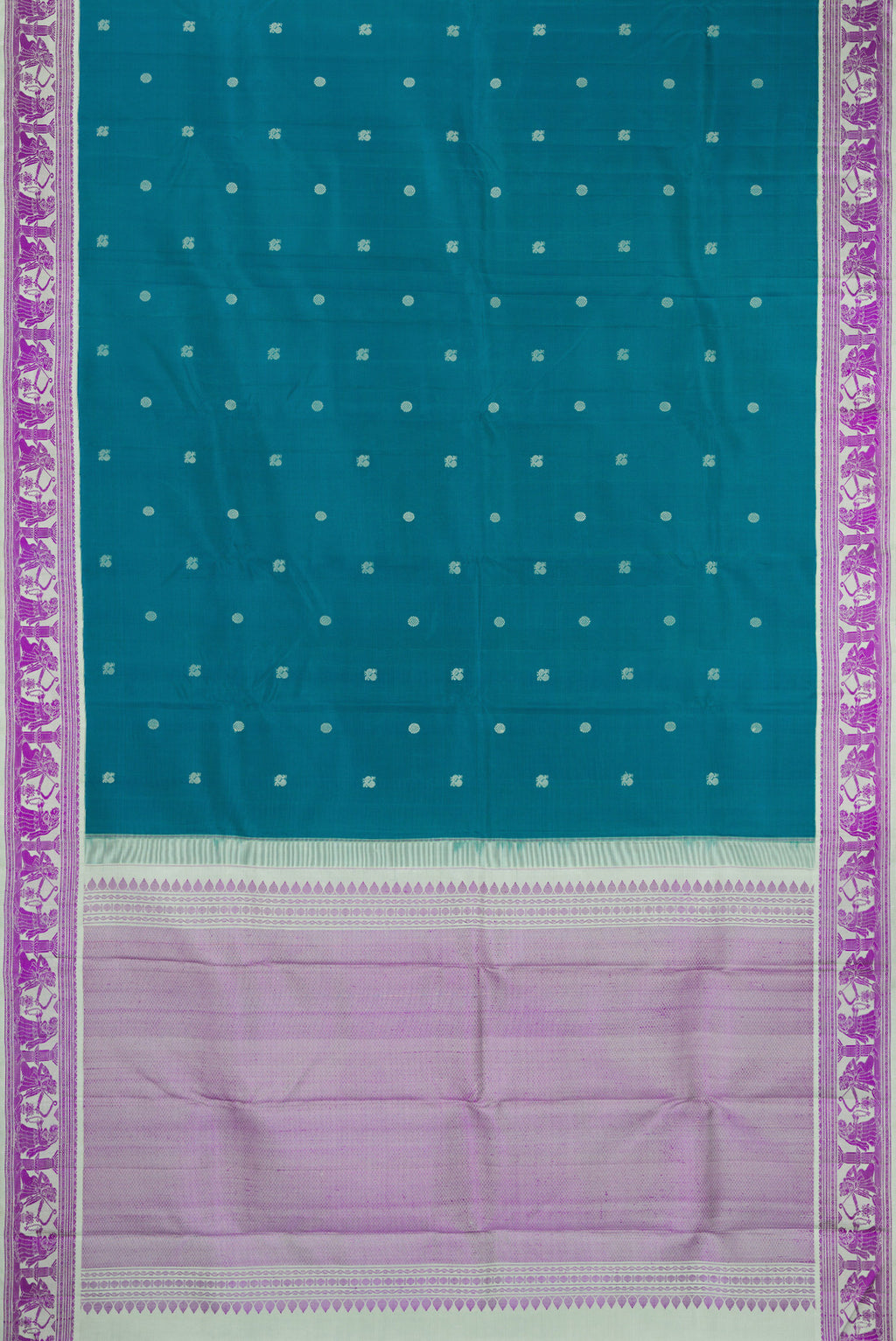 Flat view of Blue Kanjivaram Silk Saree with Thread Butta on the body and Thread Border. 