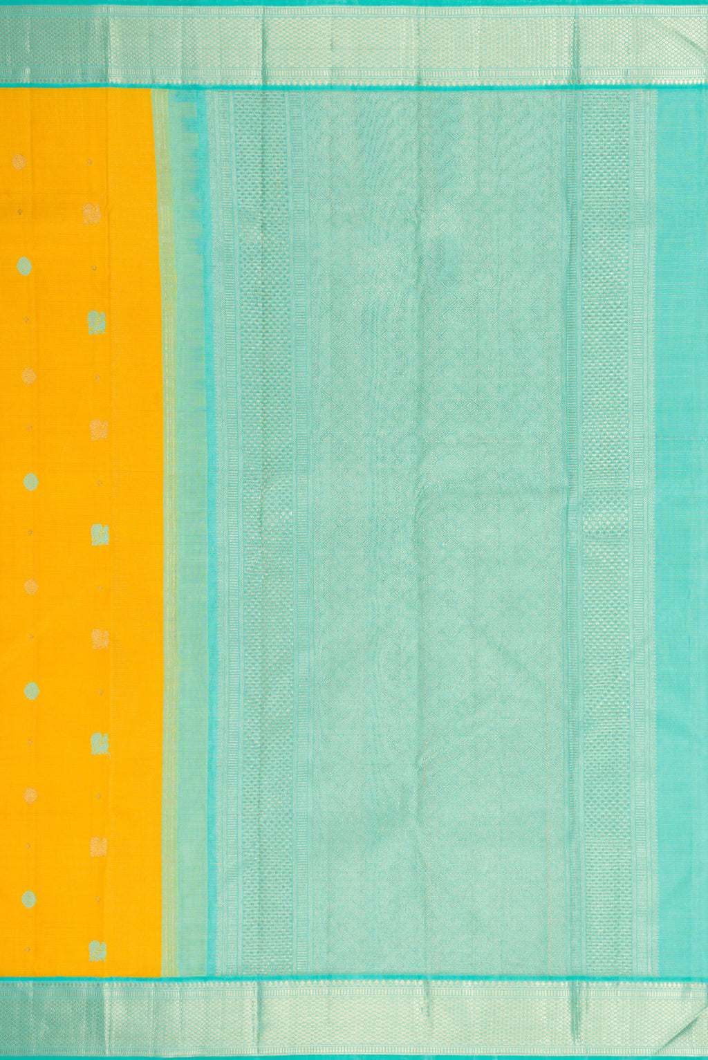 Close up image of the pallu of Pure Silk Pure Zari Yellow Kanchipuram Saree with Thread Butta on the body and Zari Border. 