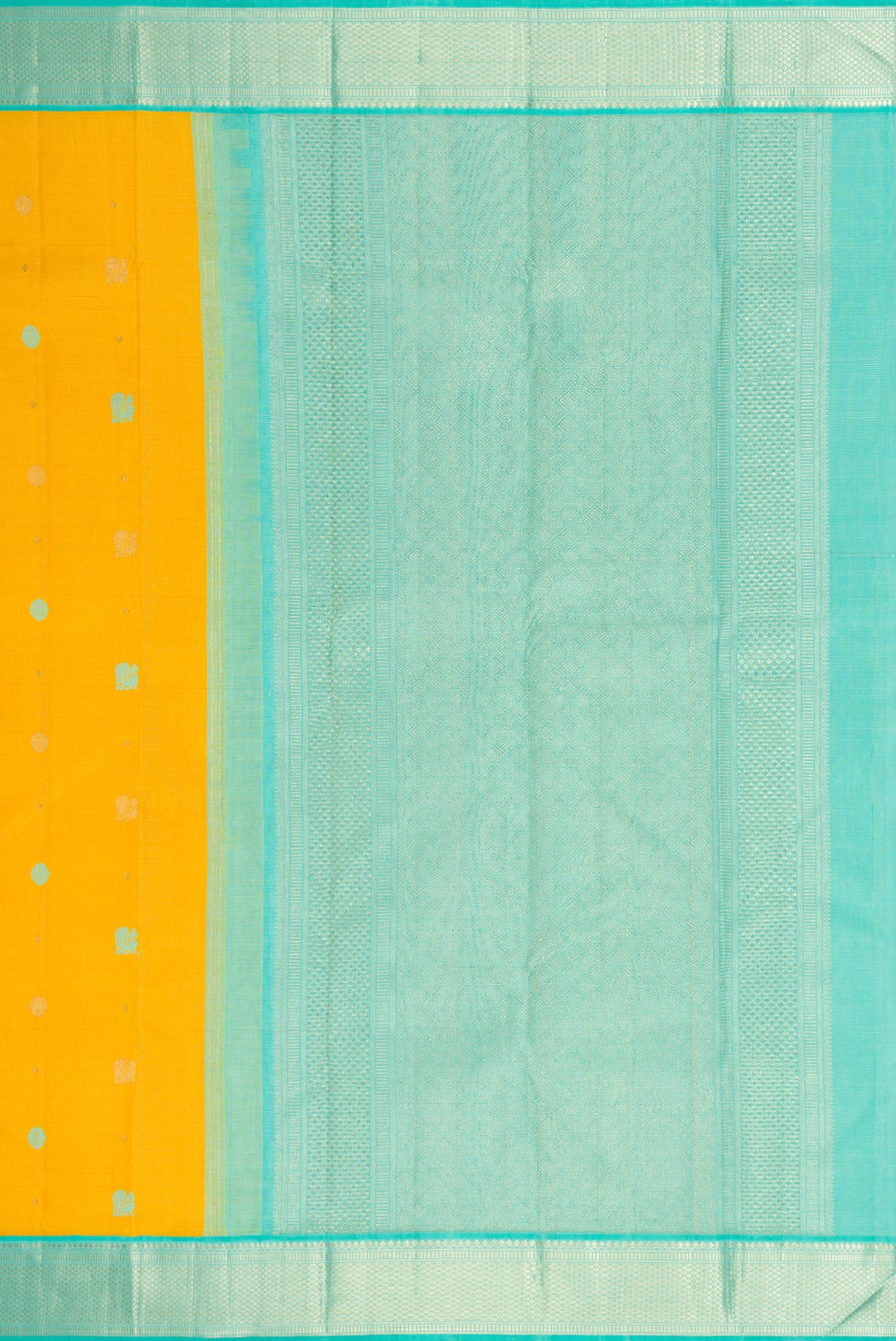 Close up image of the pallu of Pure Silk Pure Zari Yellow Kanchipuram Saree with Thread Butta on the body and Zari Border. 