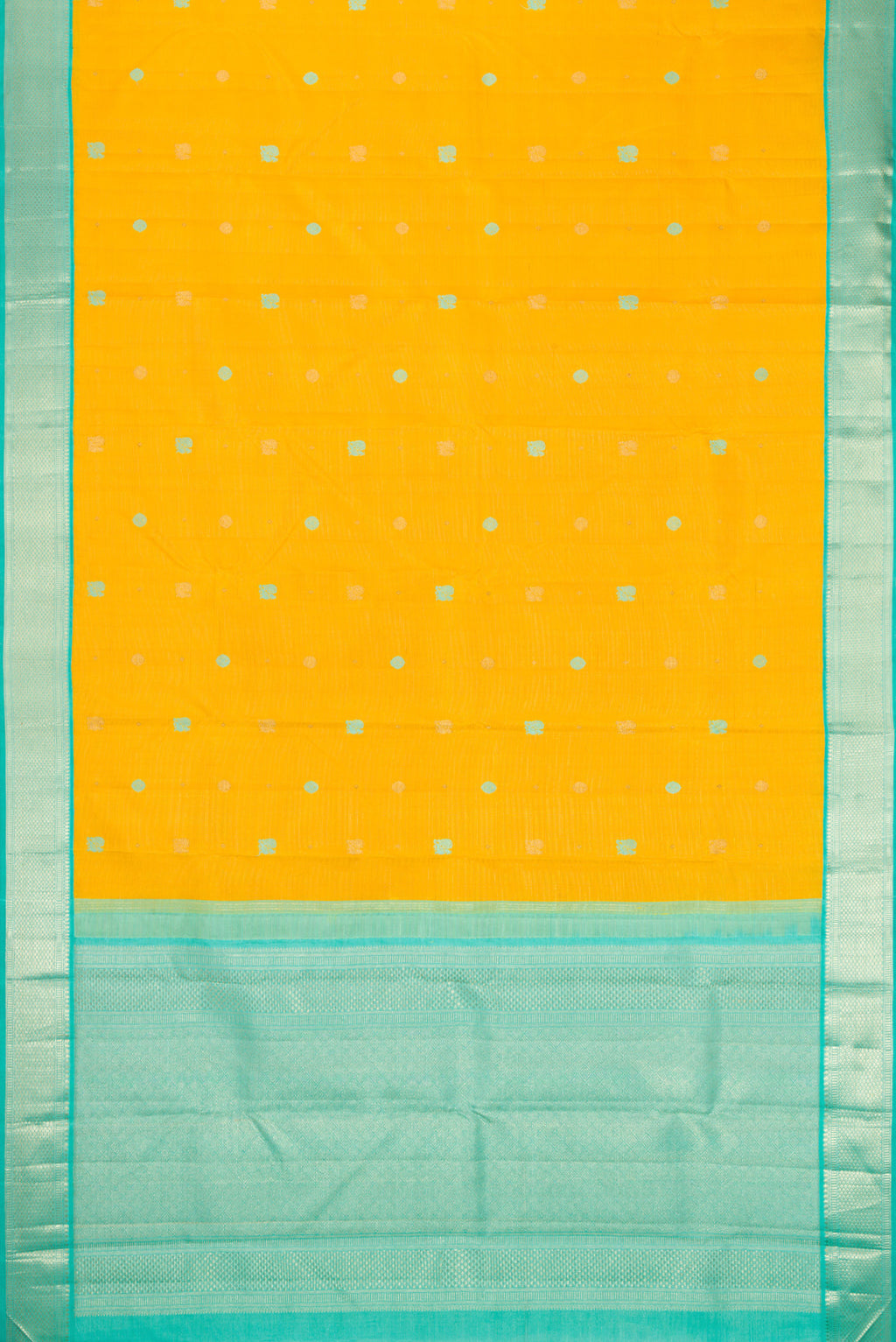 Flat view of Pure Silk Pure Zari Yellow Kanchipuram Saree with Thread Butta on the body and Zari Border. 