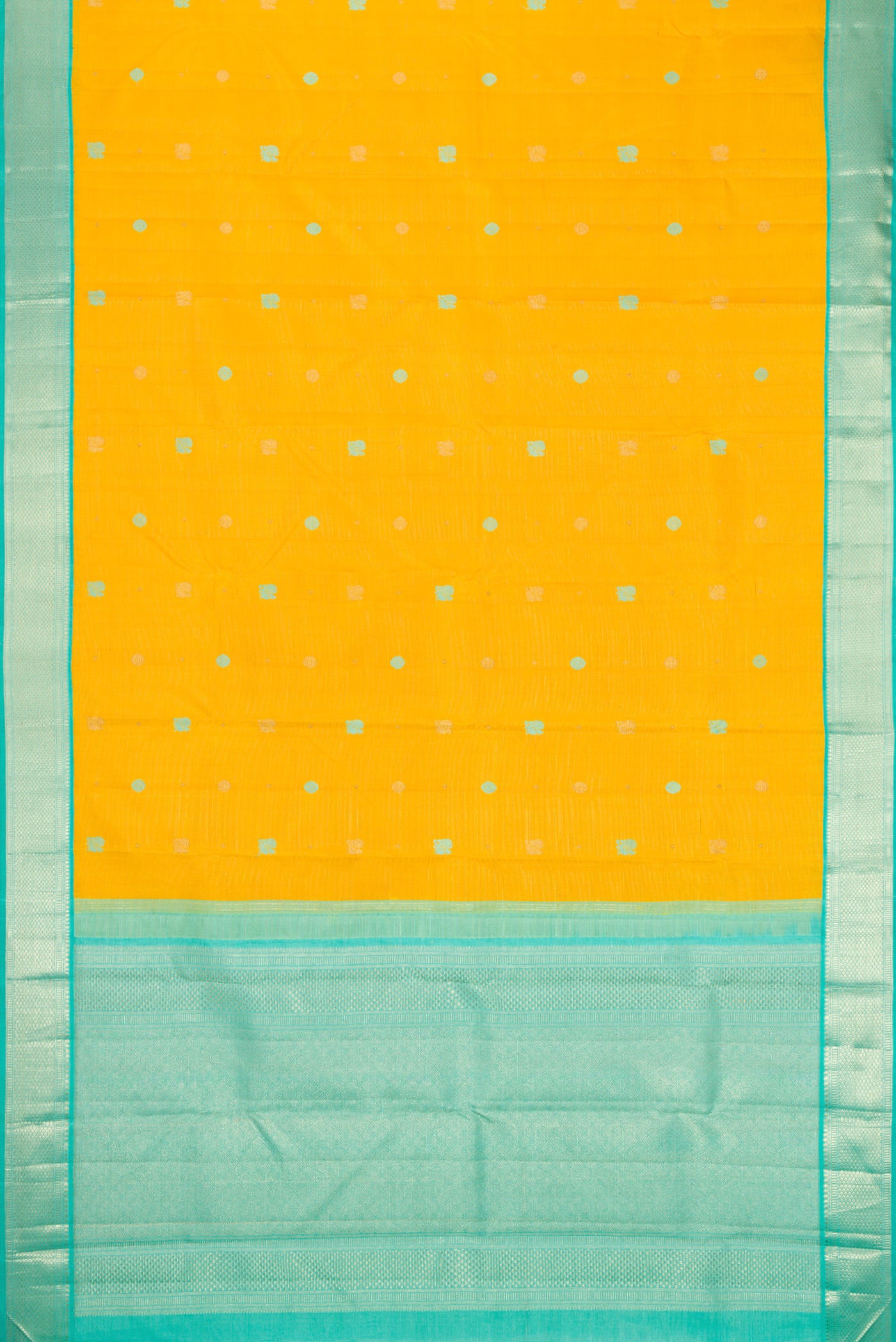 Flat view of Pure Silk Pure Zari Yellow Kanchipuram Saree with Thread Butta on the body and Zari Border. 