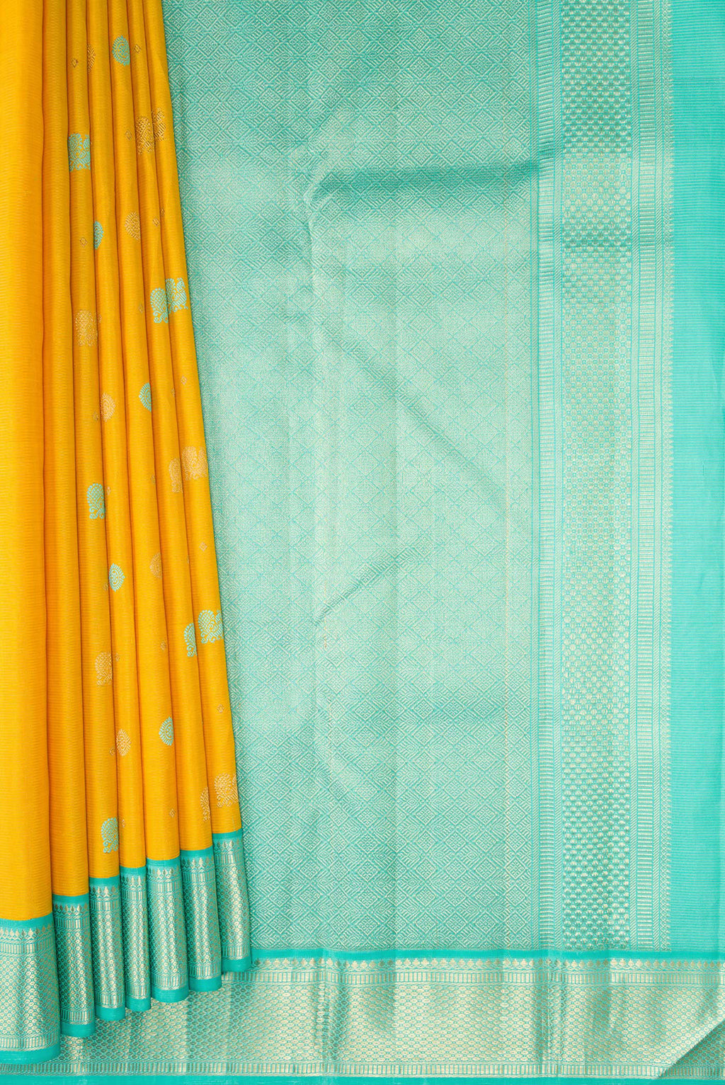 Pleats and pallu of Pure Silk Pure Zari Yellow Kanchipuram Saree with Thread Butta on the body and Zari Border. 