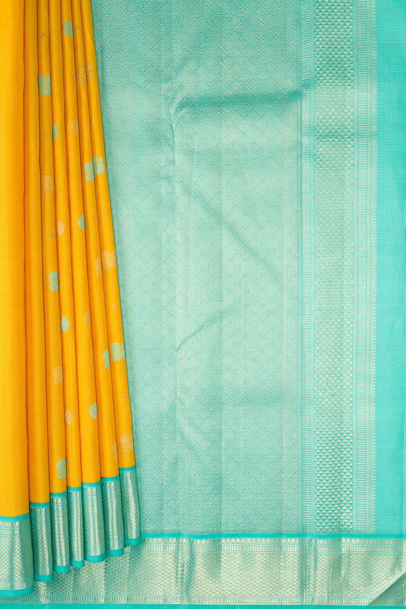 Pleats and pallu of Pure Silk Pure Zari Yellow Kanchipuram Saree with Thread Butta on the body and Zari Border. 