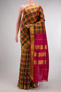 Pure Silk Multi Color Kanjivaram Nine Yards Saree with Checked design on the body and Zari Border.  displayed on a mannequin