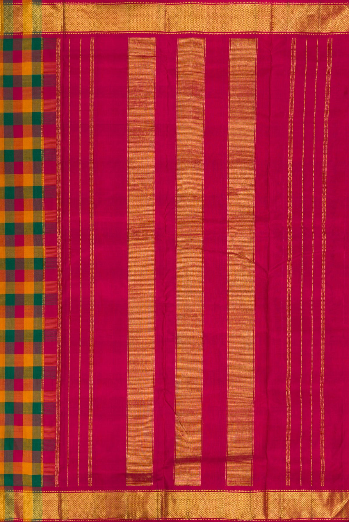 Close up image of the pallu of Pure Silk Multi Color Kanjivaram Nine Yards Saree with Checked design on the body and Zari Border. 