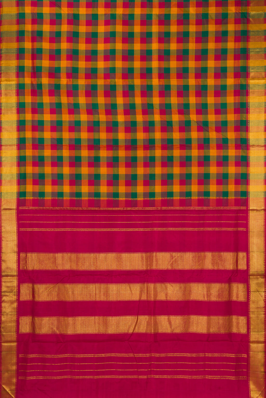 Flat view of Pure Silk Multi Color Kanjivaram Nine Yards Saree with Checked design on the body and Zari Border. 