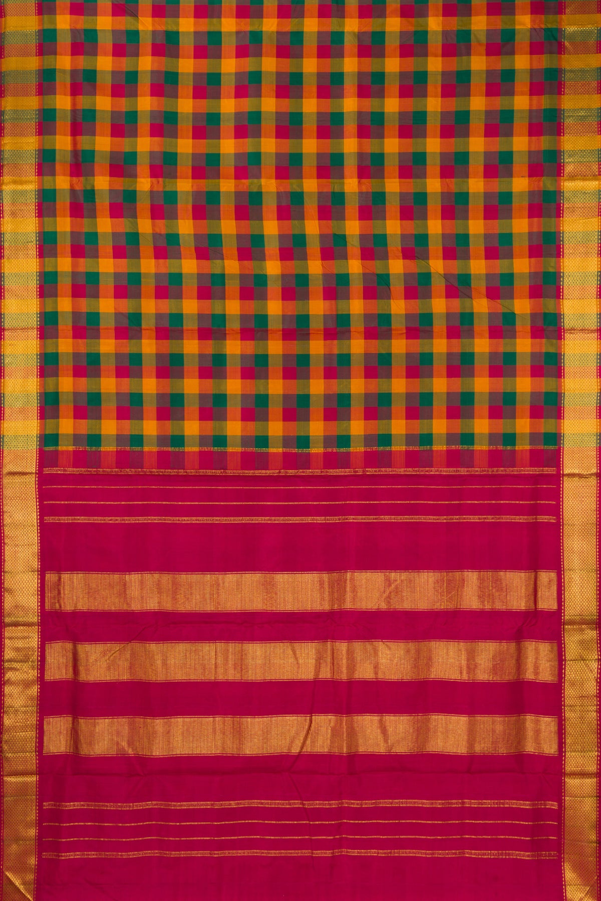 Flat view of Pure Silk Multi Color Kanjivaram Nine Yards Saree with Checked design on the body and Zari Border. 