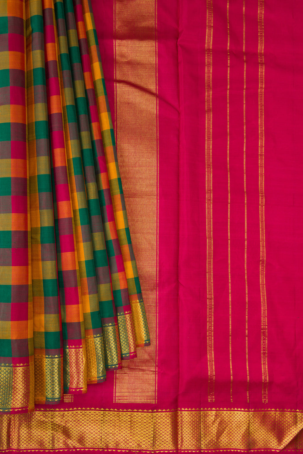 Pleats and pallu of Pure Silk Multi Color Kanjivaram Nine Yards Saree with Checked design on the body and Zari Border. 