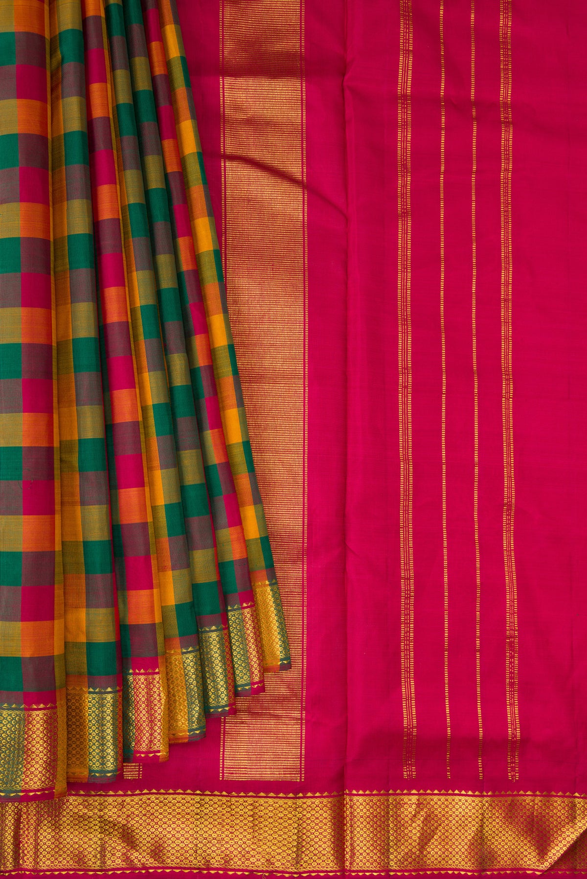 Pleats and pallu of Pure Silk Multi Color Kanjivaram Nine Yards Saree with Checked design on the body and Zari Border. 