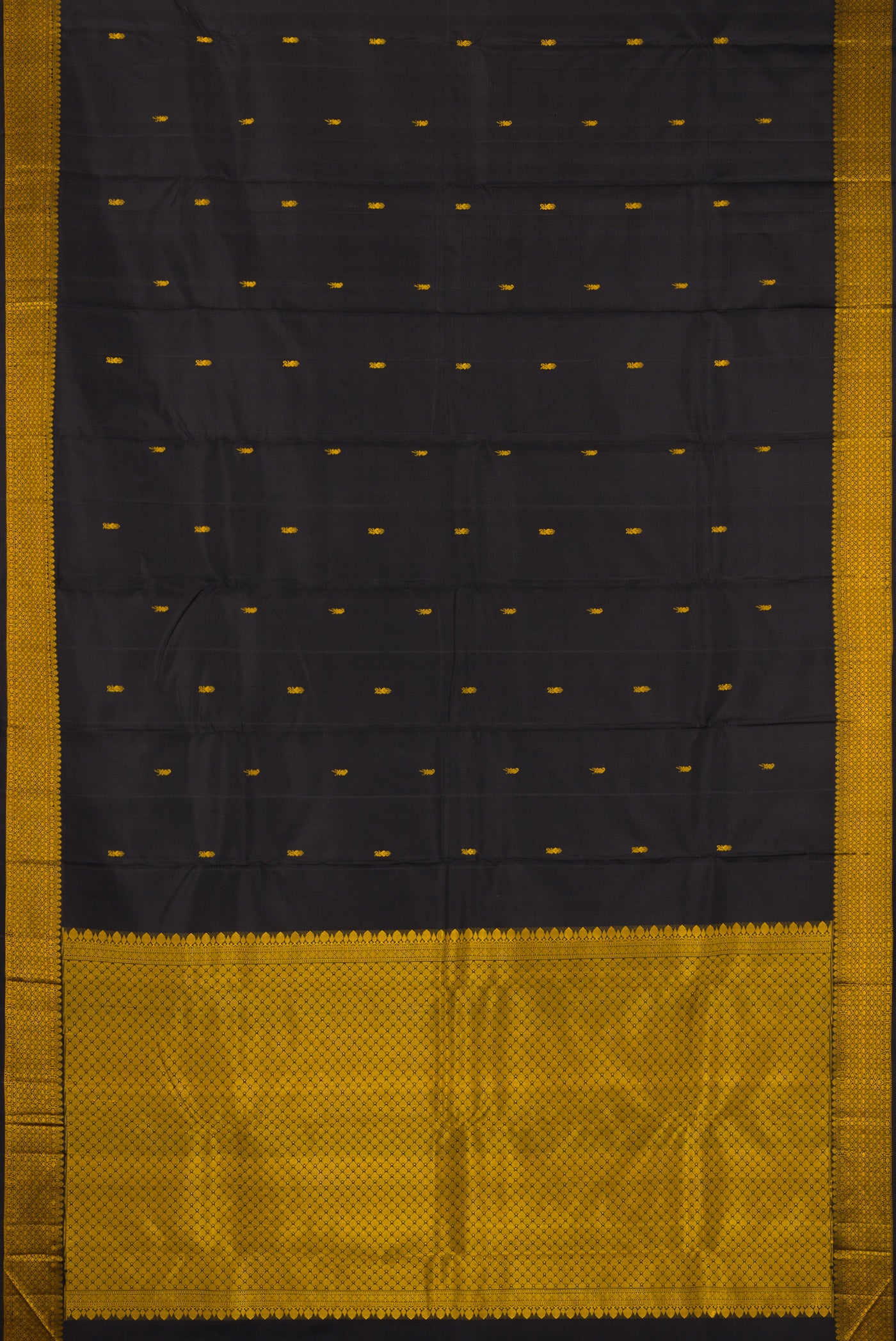 Flat view of Black Kanchipuram Silk Saree with Thread Butta on the body and Thread Border. 