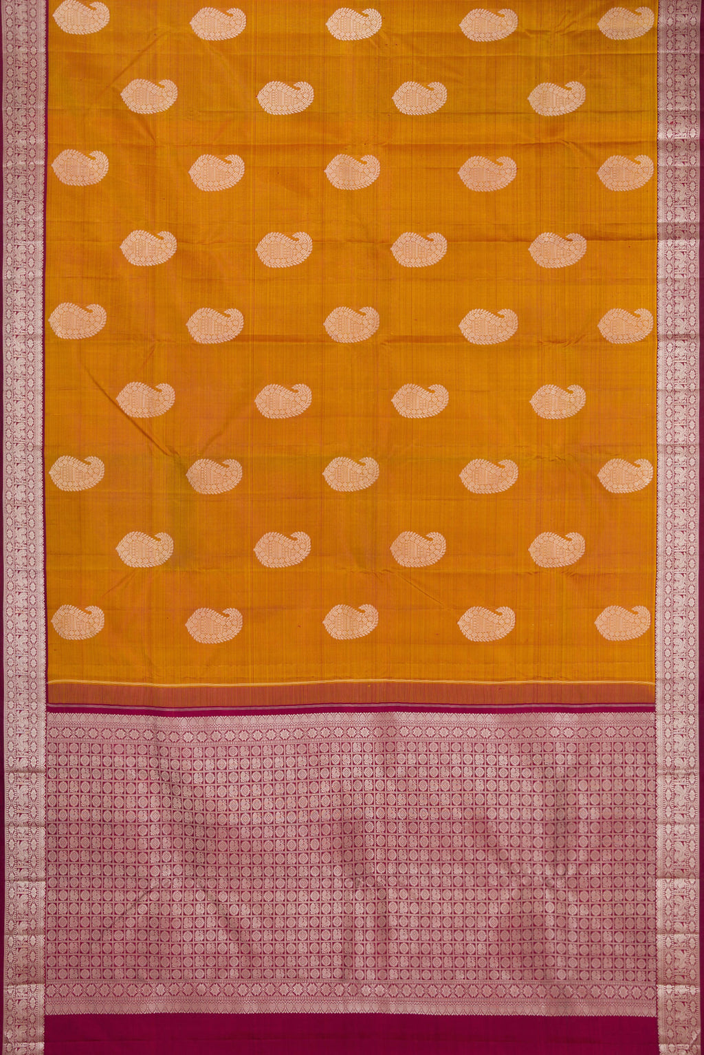 Flat view of Mustard Kanjivaram Silk Saree with Thread Butta on the body and Thread Border. 