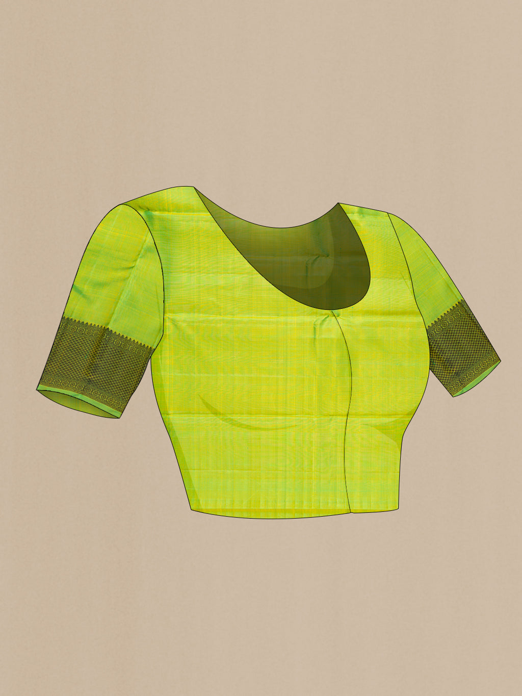 Close up image of the blouse of Yellow Kanjivaram Silk Saree with Thread Butta on the body and Thread Border. 