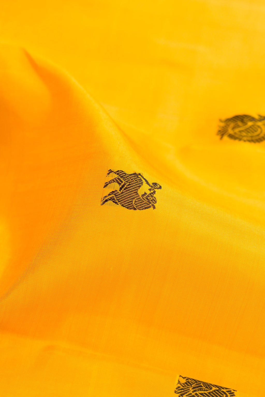 Close up of Yellow Kanjivaram Silk Saree with Thread Butta on the body and Thread Border.  displaying folds