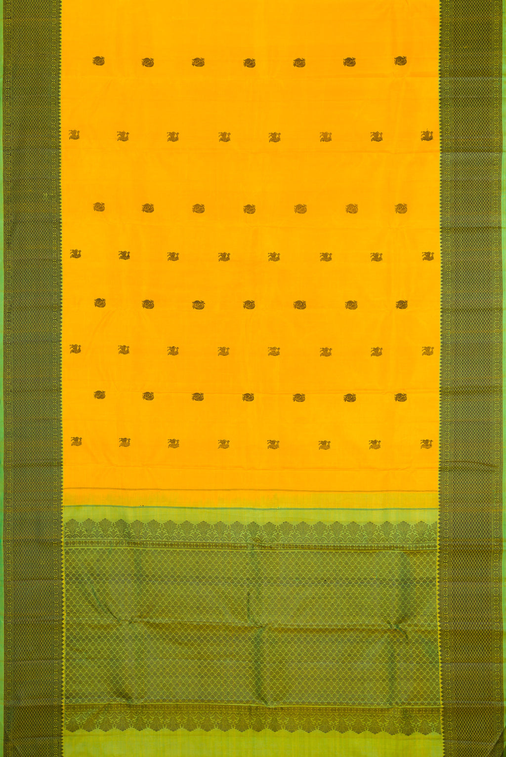 Flat view of Yellow Kanjivaram Silk Saree with Thread Butta on the body and Thread Border. 