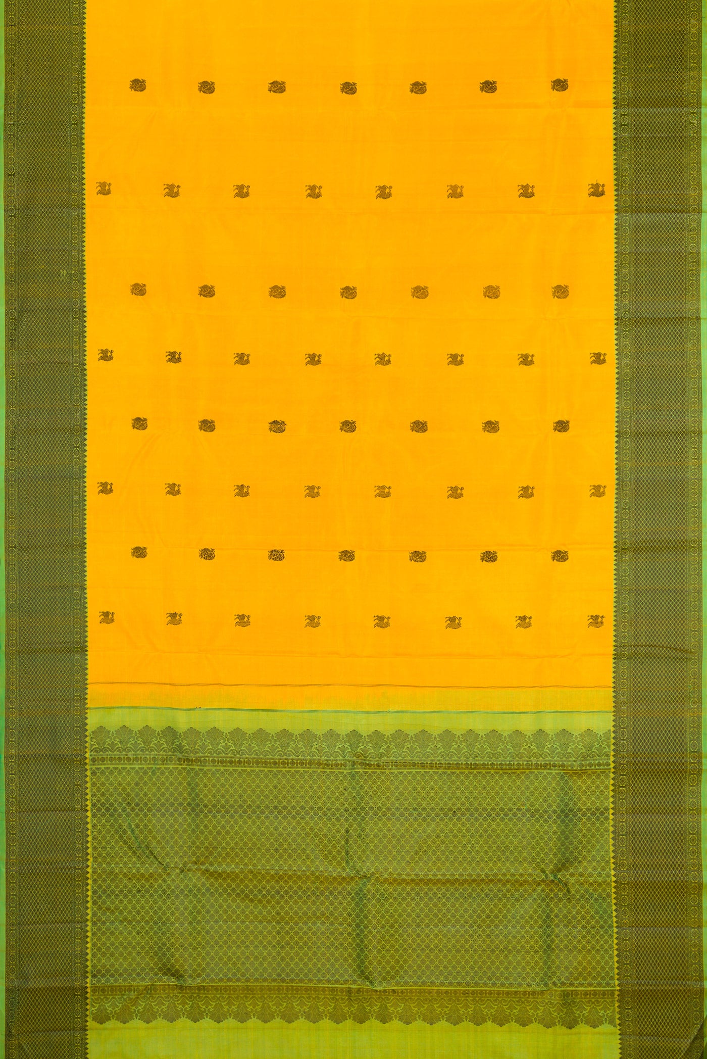 Flat view of Yellow Kanjivaram Silk Saree with Thread Butta on the body and Thread Border. 