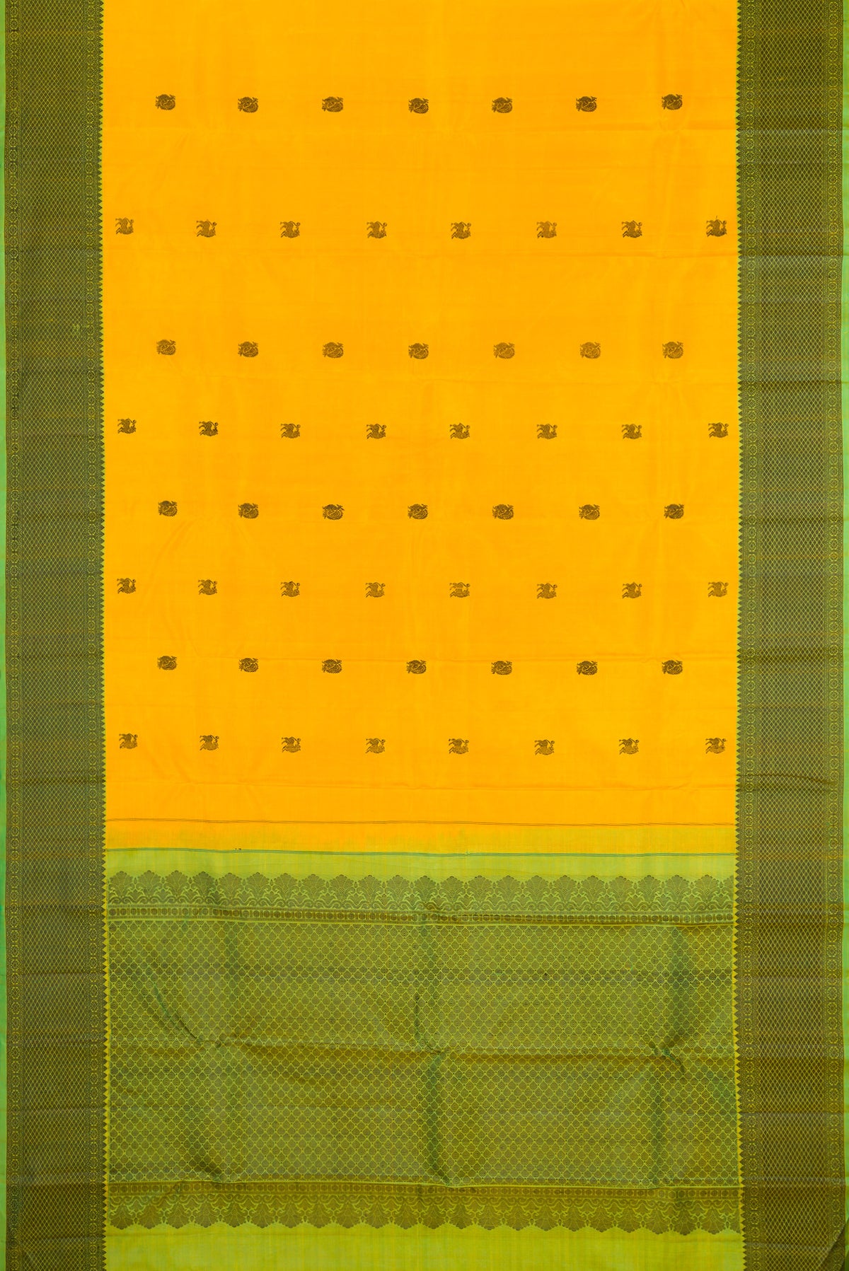 Flat view of Yellow Kanjivaram Silk Saree with Thread Butta on the body and Thread Border. 
