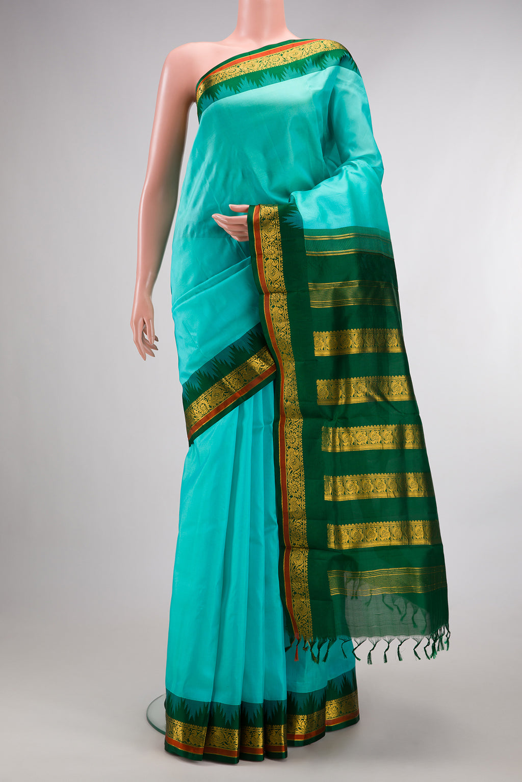 Pure Silk Turquoise Bangalore Nine Yards Saree with Plain Body and Temple Border.  displayed on a mannequin