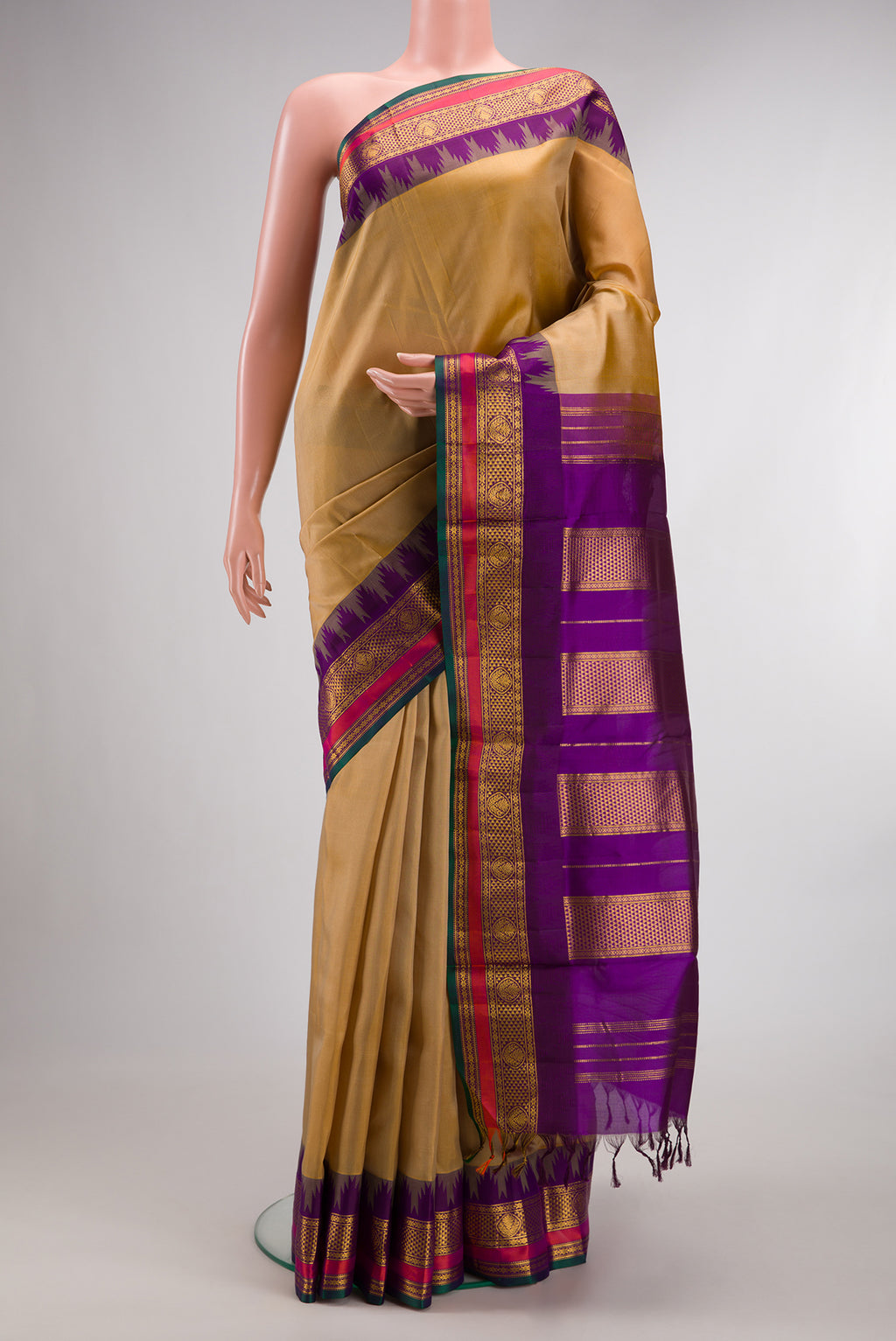 Pure Silk Sandal Kanjivaram Nine Yards Saree with Plain Body and Zari Border.  displayed on a mannequin