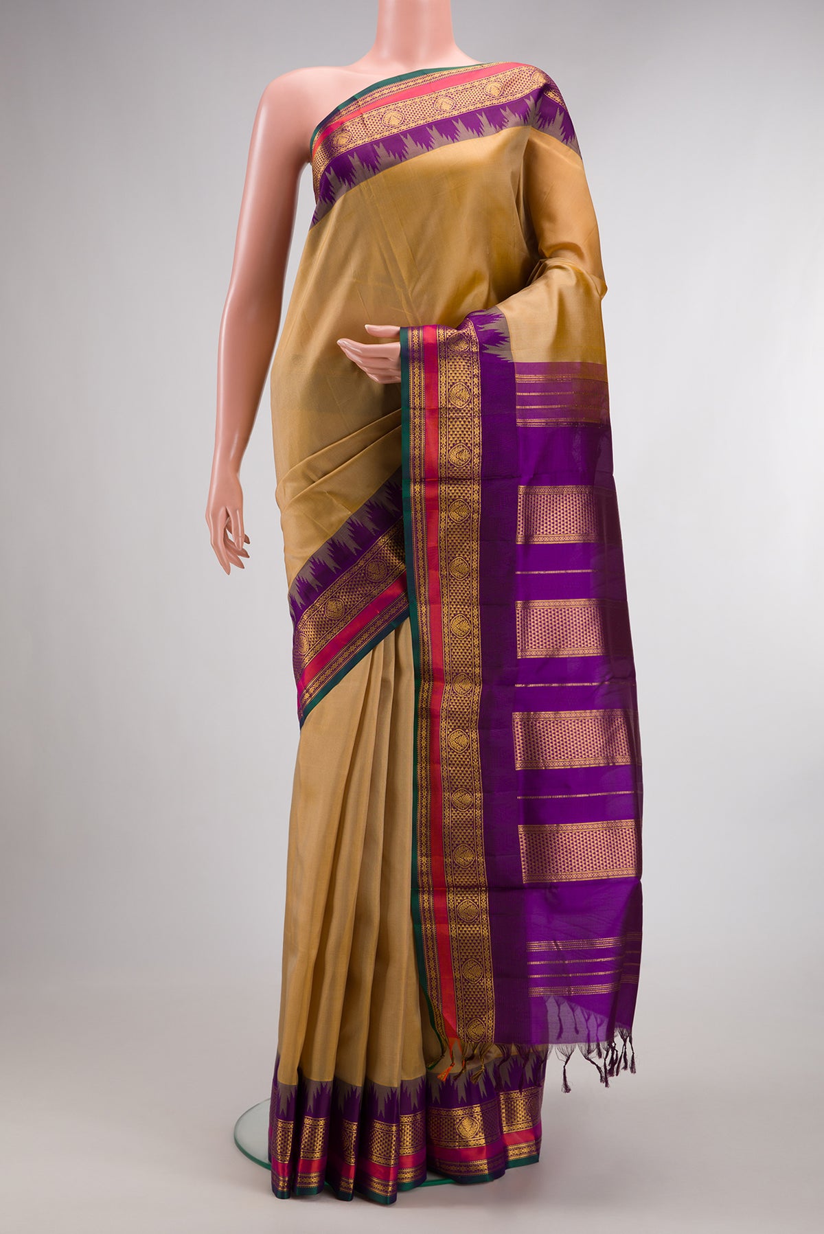 Pure Silk Sandal Kanjivaram Nine Yards Saree with Plain Body and Zari Border.  displayed on a mannequin