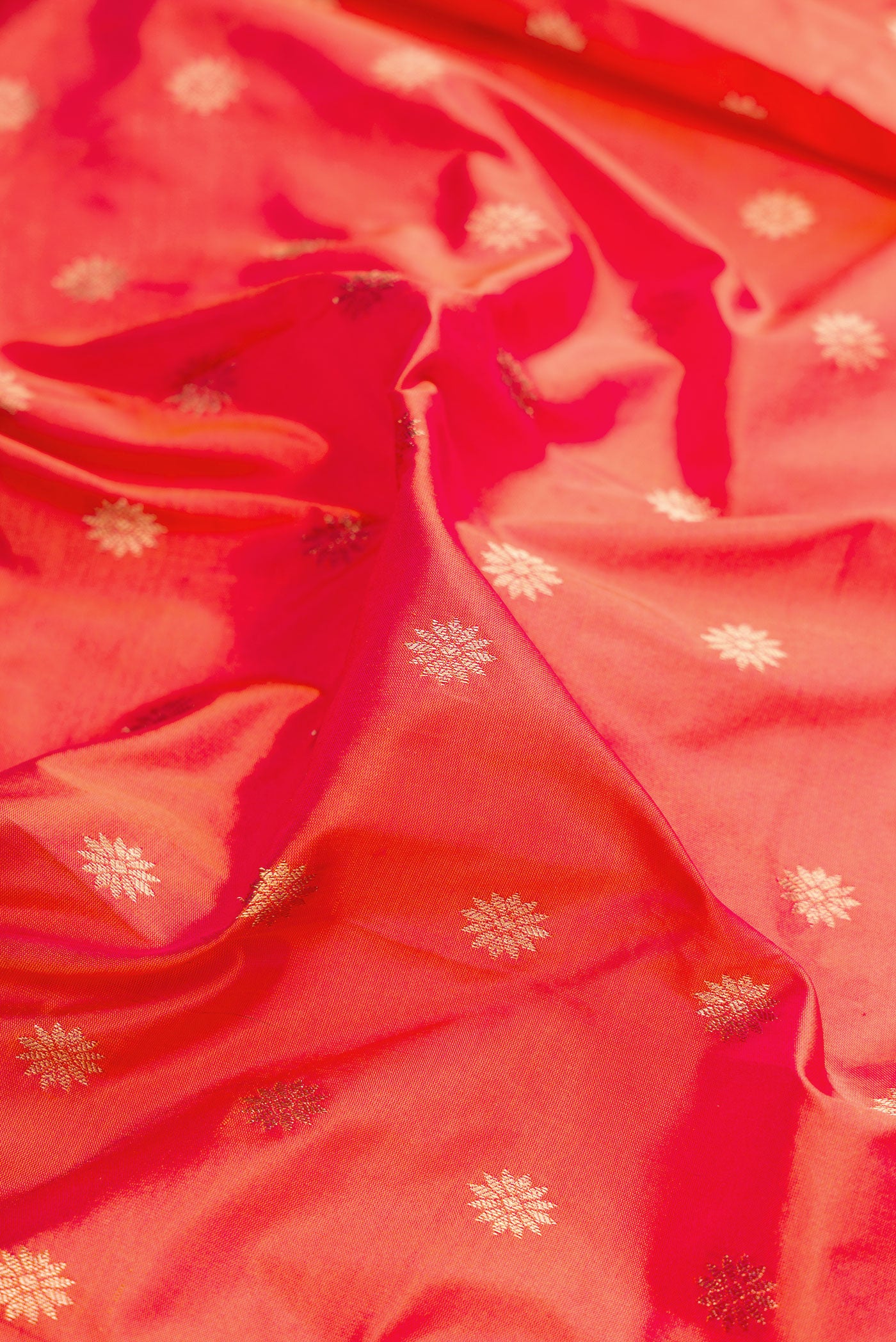 Close up of Coral Dual Tone Paithani Silk Saree with Zari Butta on the body and Zari Border.  displaying folds